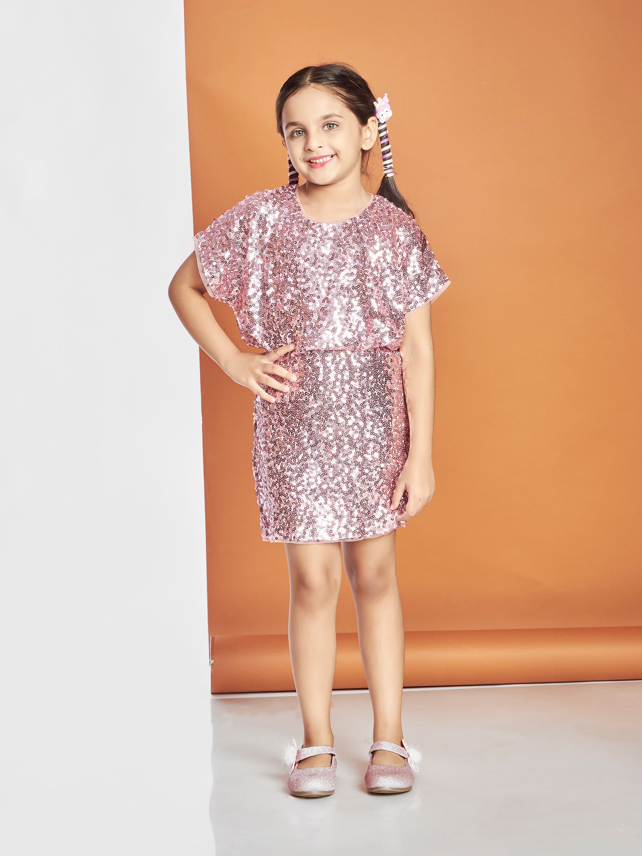 Girls Pink Party Wear Round Neck Dress