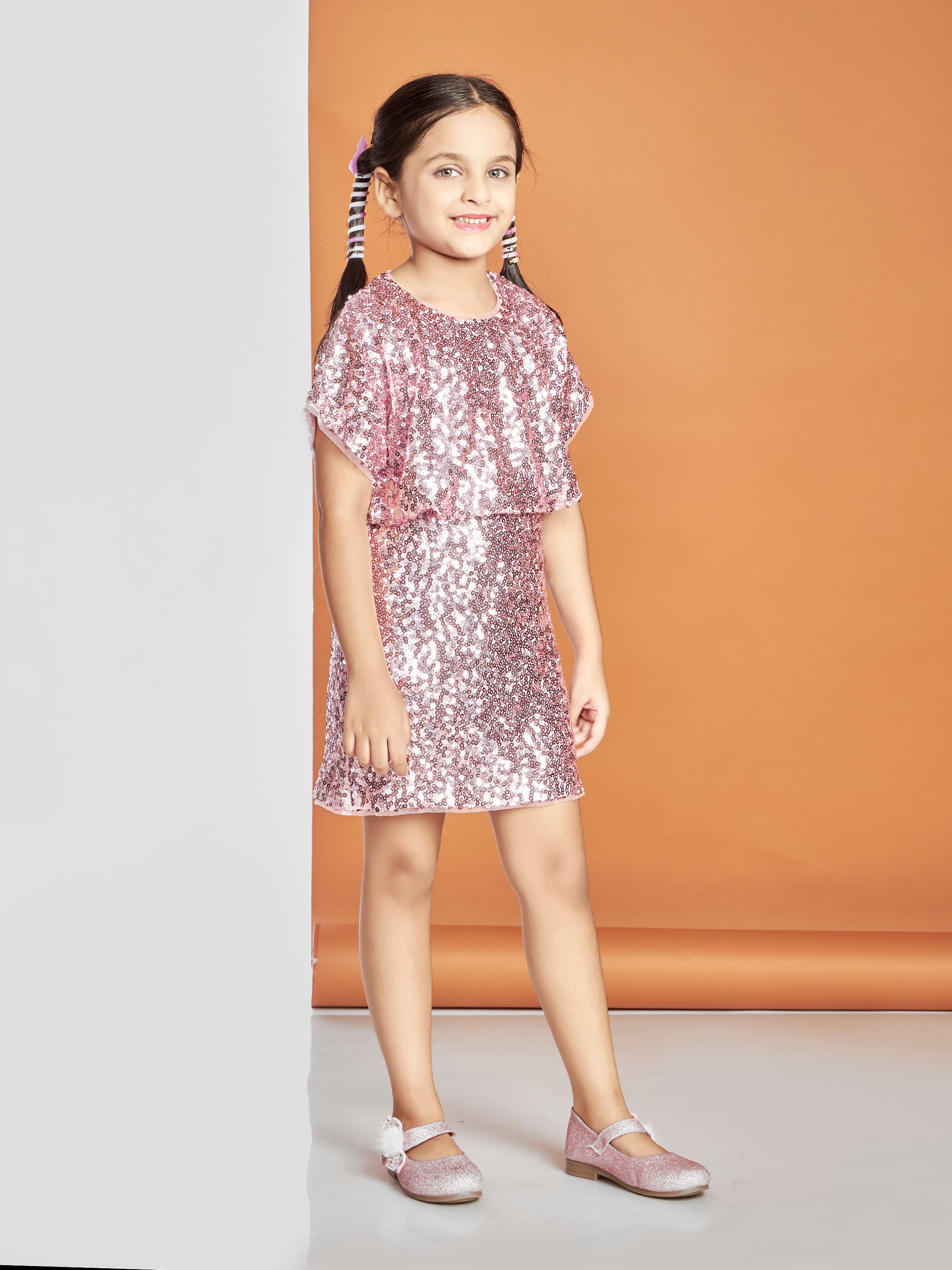 Girls Pink Party Wear Round Neck Dress