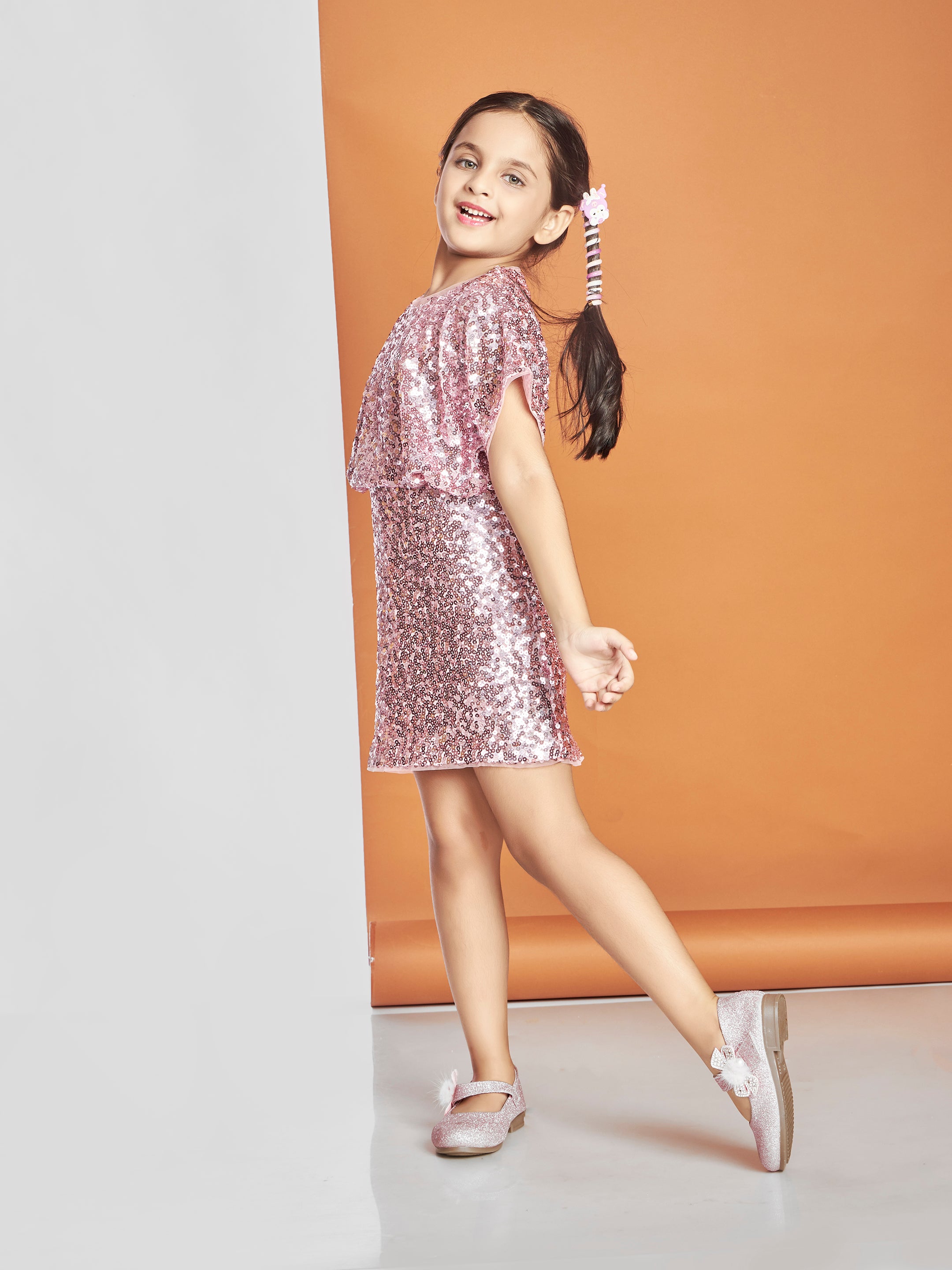 Girls Pink Party Wear Round Neck Dress