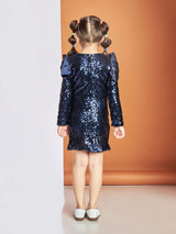 Girls Navy Blue Party Wear Round Neck Dress