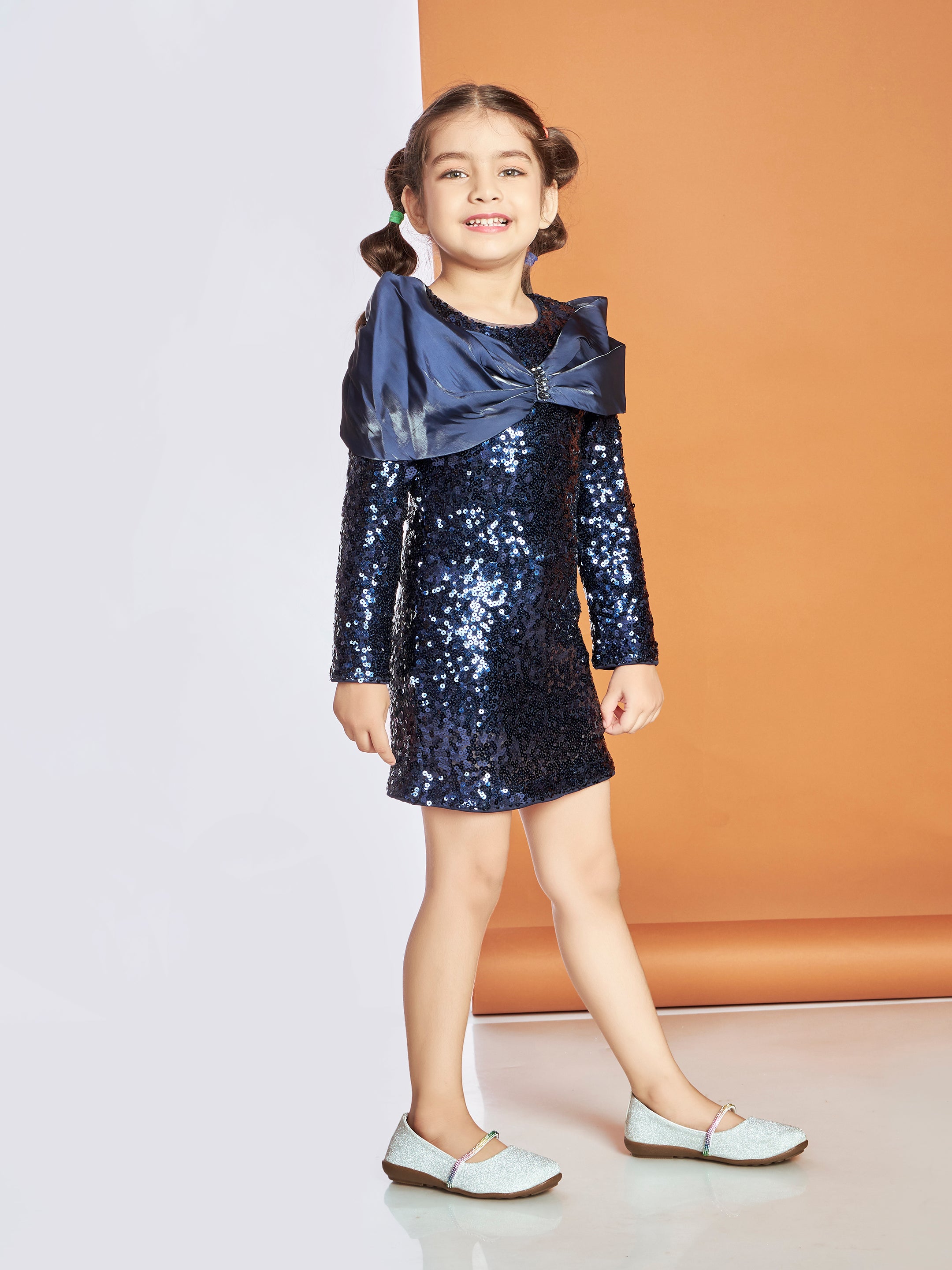 Girls Navy Blue Party Wear Round Neck Dress