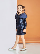 Girls Navy Blue Party Wear Round Neck Dress