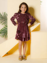 Girls Pink Party Wear V-Neck Dress & Jacket with Belt