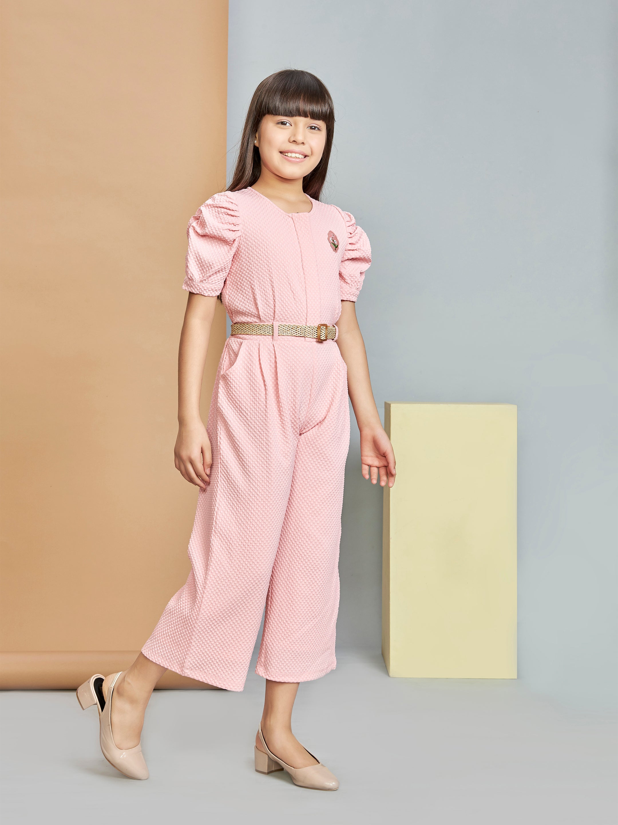 Girls Pink Casual Wear Jumpsuit