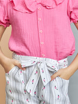 Girls Pink Casual Wear Square Neck Shorts with Top Set