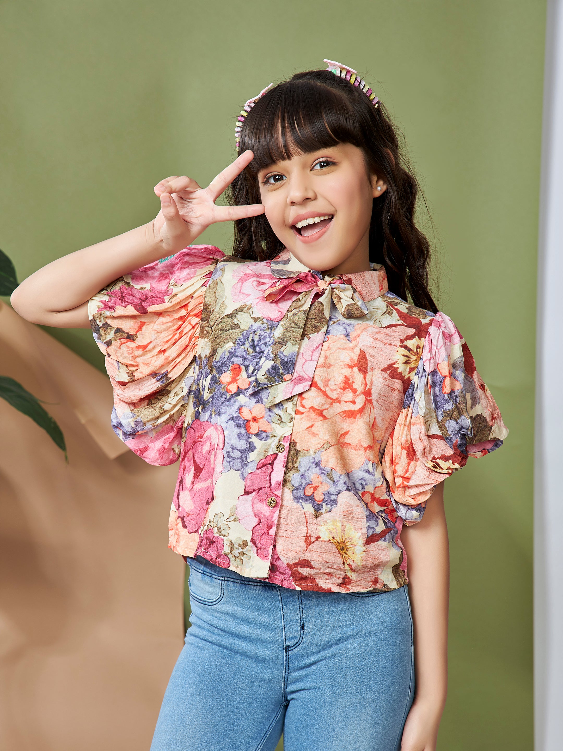 Girls Multicolor Three Quarter Sleeves Casual Top