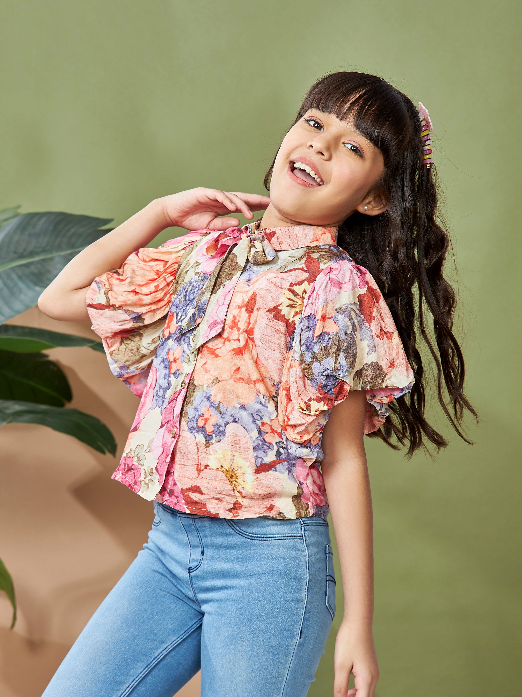 Girls Multicolor Three Quarter Sleeves Casual Top