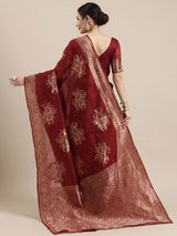 Women's Linen Red Woven Design Woven saree with Blouse Piece
