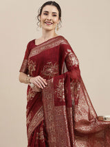 Women's Linen Red Woven Design Woven saree with Blouse Piece