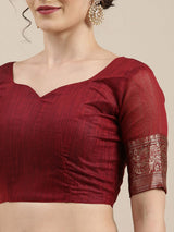 Women's Linen Red Woven Design Woven saree with Blouse Piece