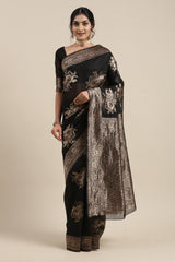 Women's Linen Black Woven Design Woven saree with Blouse Piece
