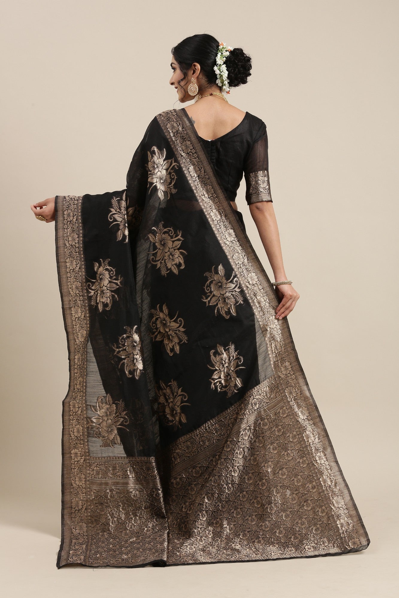 Women's Linen Black Woven Design Woven saree with Blouse Piece