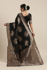 Women's Linen Black Woven Design Woven saree with Blouse Piece