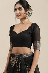 Women's Linen Black Woven Design Woven saree with Blouse Piece