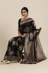 Women's Linen Black Woven Design Woven saree with Blouse Piece