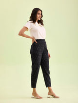 Women's Solid Black Mid Rise Linen Ikat Pencil Pant