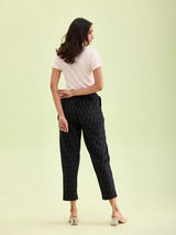 Women's Solid Black Mid Rise Linen Ikat Pencil Pant