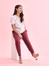 Women's Solid Marron Mid Rise Cotton Pant