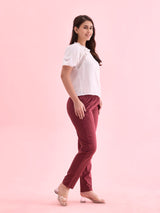 Women's Solid Marron Mid Rise Cotton Pant