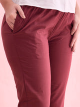 Women's Solid Marron Mid Rise Cotton Pant