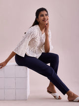 Women's Solid Navy Comfort Fit Cotton Pant