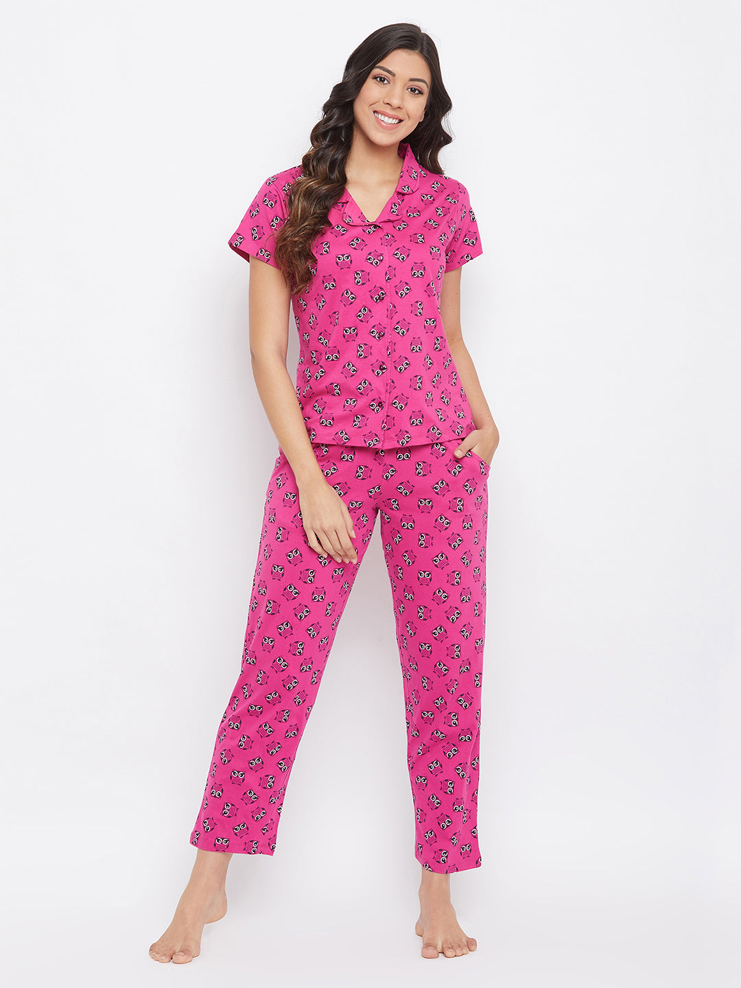 Women's Pink Cotton Printed Half Sleeves Night Suit