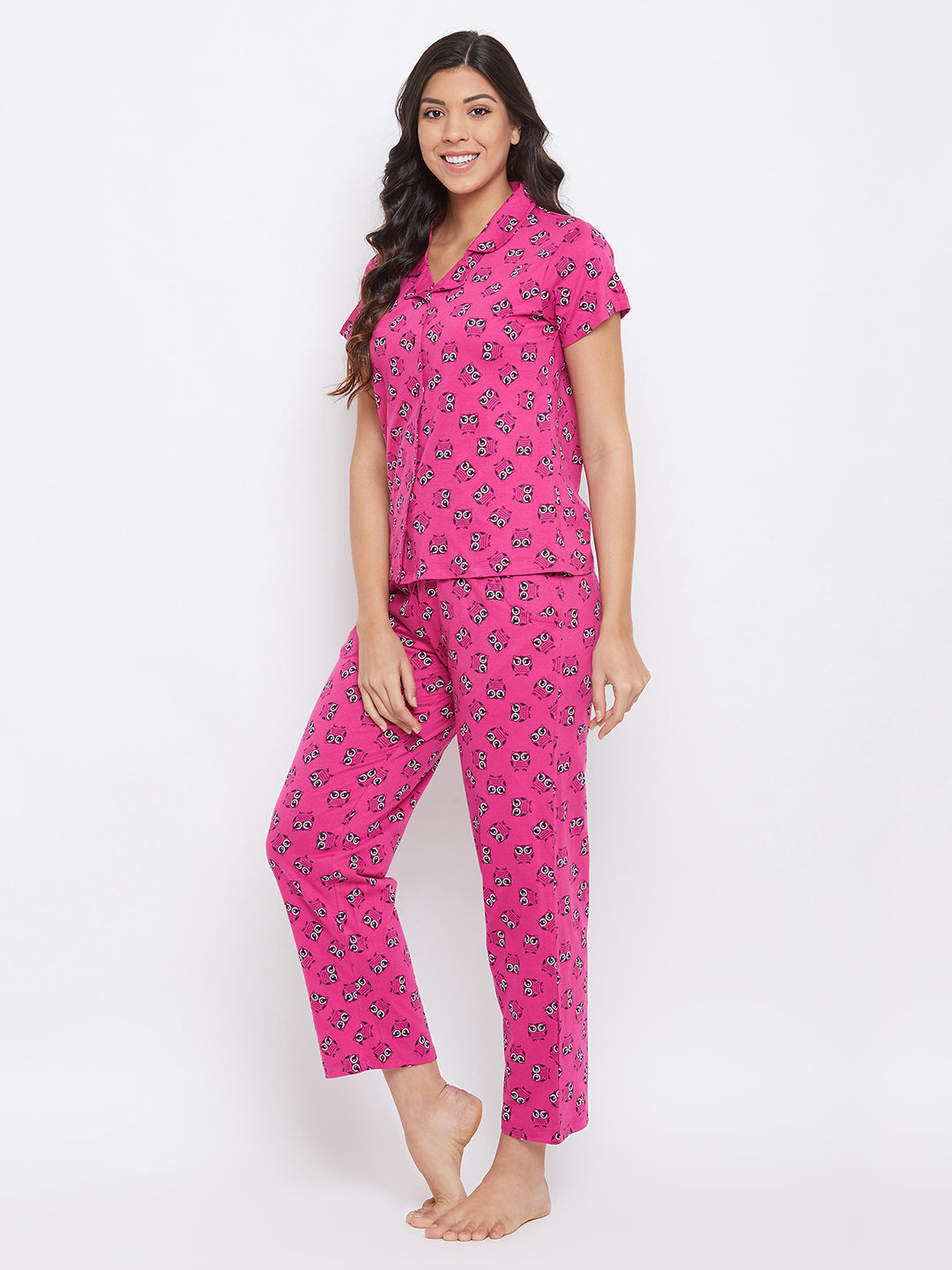 Women's Pink Cotton Printed Half Sleeves Night Suit