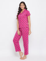 Women's Pink Cotton Printed Half Sleeves Night Suit
