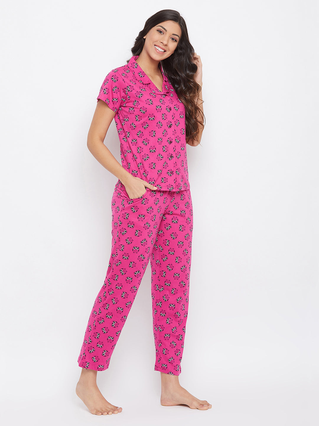 Women's Pink Cotton Printed Half Sleeves Night Suit