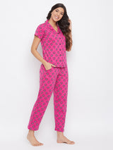 Women's Pink Cotton Printed Half Sleeves Night Suit