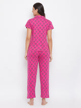 Women's Pink Cotton Printed Half Sleeves Night Suit