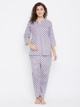 Women's Blue Cotton Printed Three Quarter Sleeves Night Suit
