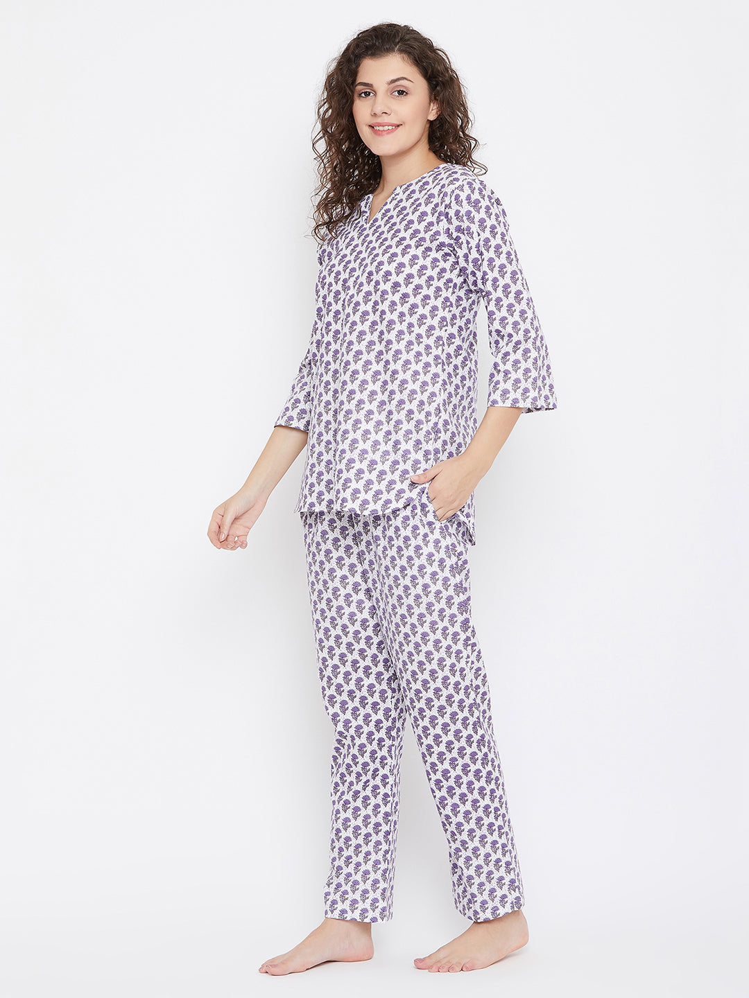 Women's Blue Cotton Printed Three Quarter Sleeves Night Suit