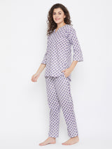 Women's Blue Cotton Printed Three Quarter Sleeves Night Suit