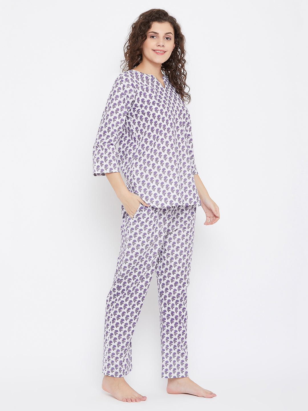 Women's Blue Cotton Printed Three Quarter Sleeves Night Suit