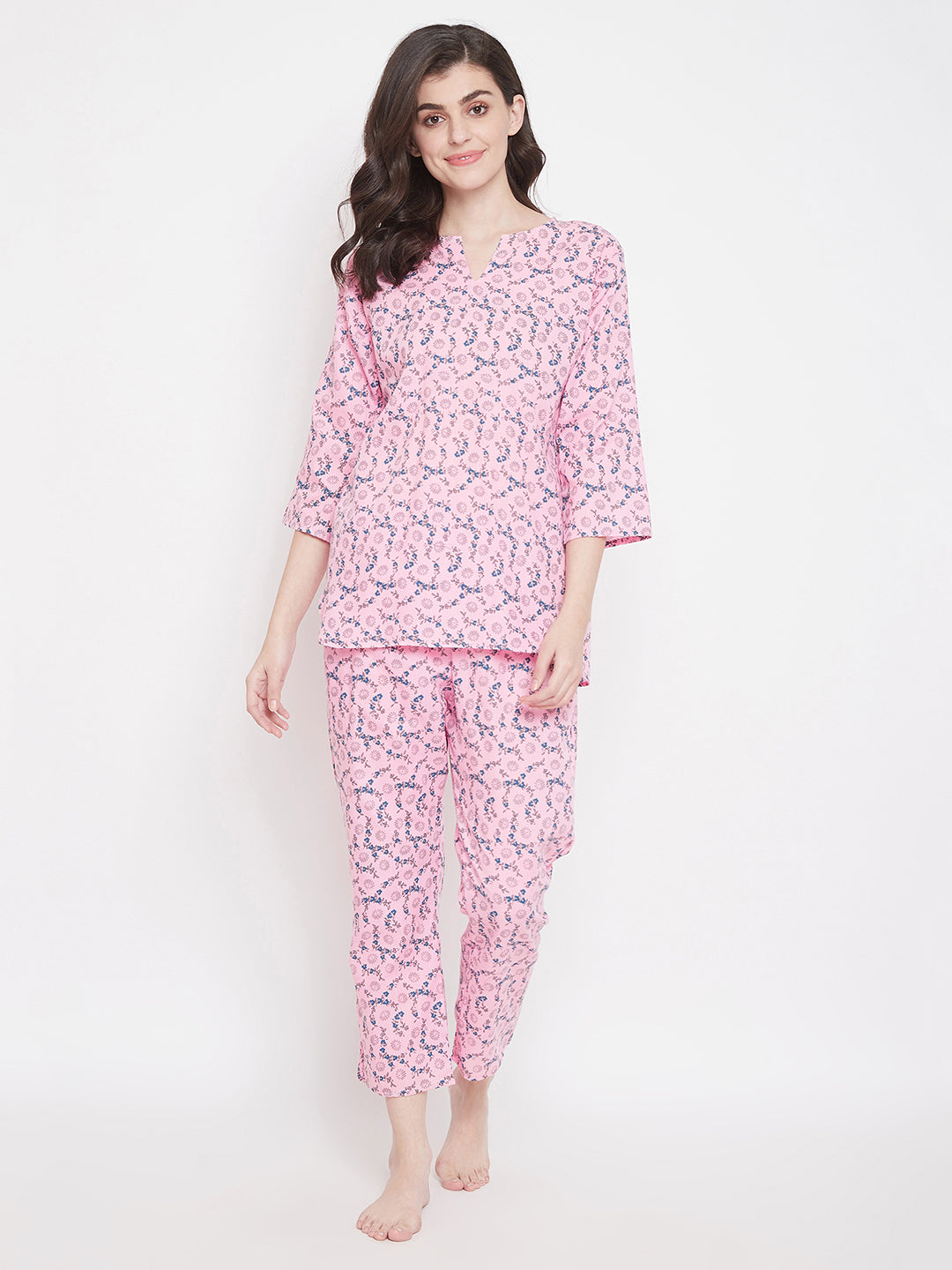 Women's Purple Cotton Printed Three Quarter Sleeves Night Suit