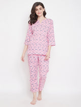 Women's Purple Cotton Printed Three Quarter Sleeves Night Suit
