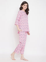 Women's Purple Cotton Printed Three Quarter Sleeves Night Suit