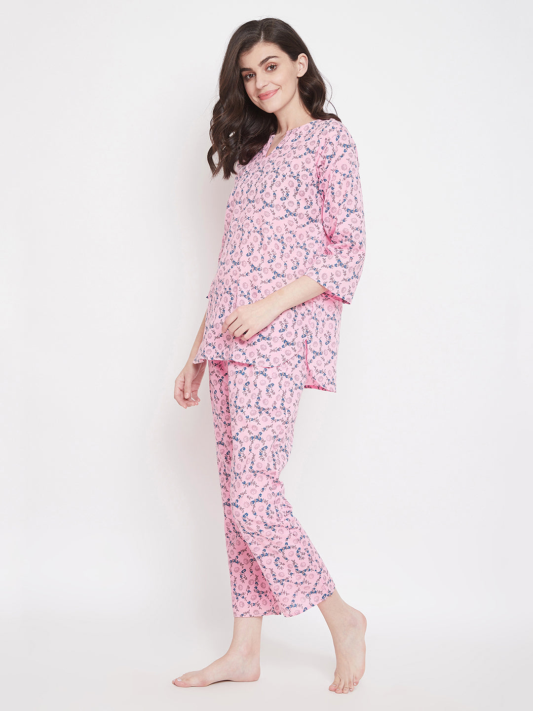 Women's Purple Cotton Printed Three Quarter Sleeves Night Suit