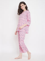 Women's Purple Cotton Printed Three Quarter Sleeves Night Suit