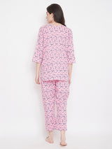 Women's Purple Cotton Printed Three Quarter Sleeves Night Suit