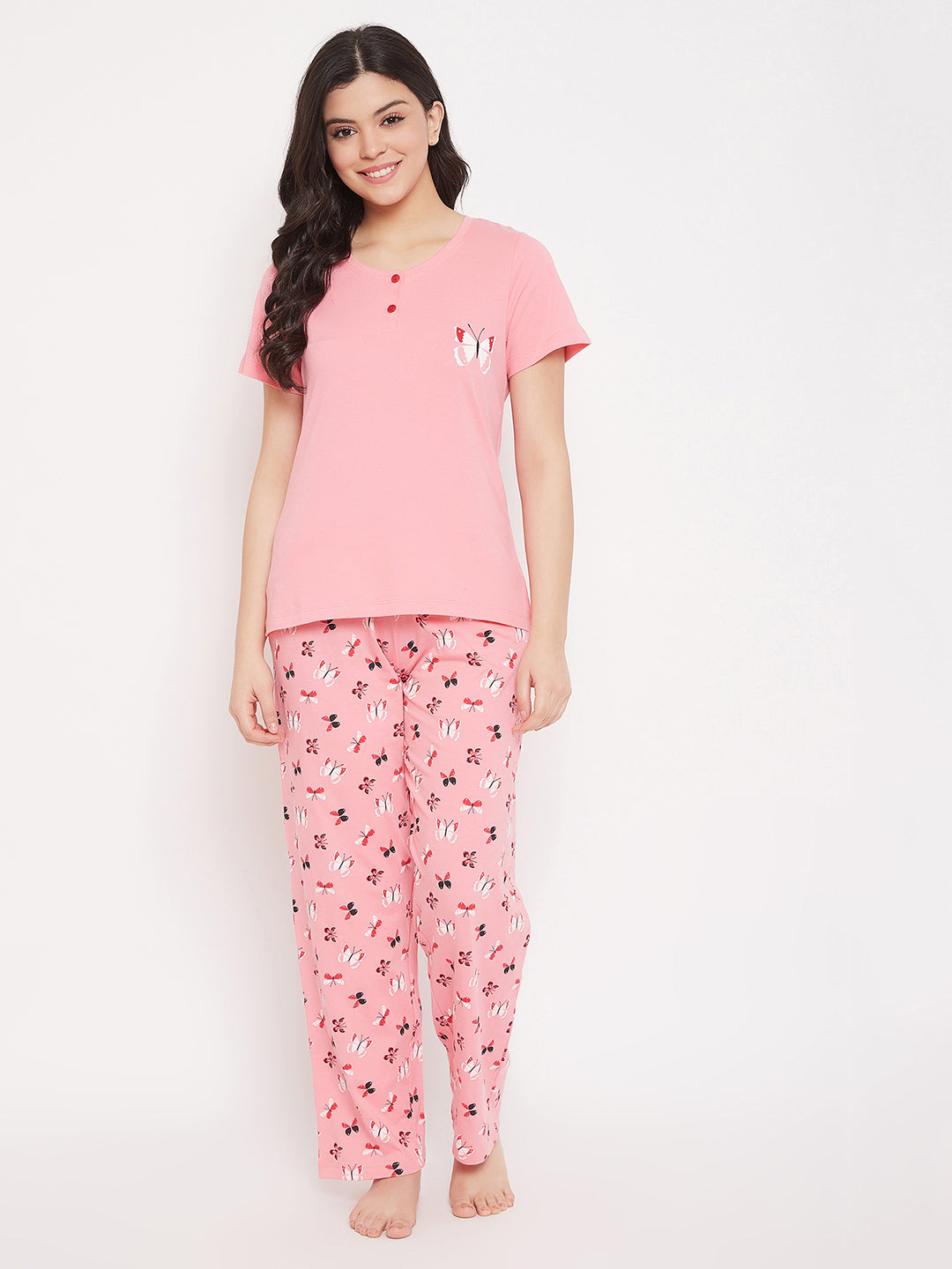 Women's Pink Cotton Printed Half Sleeves Night Suit