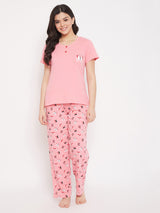 Women's Pink Cotton Printed Half Sleeves Night Suit