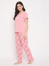Women's Pink Cotton Printed Half Sleeves Night Suit