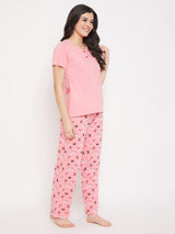 Women's Pink Cotton Printed Half Sleeves Night Suit