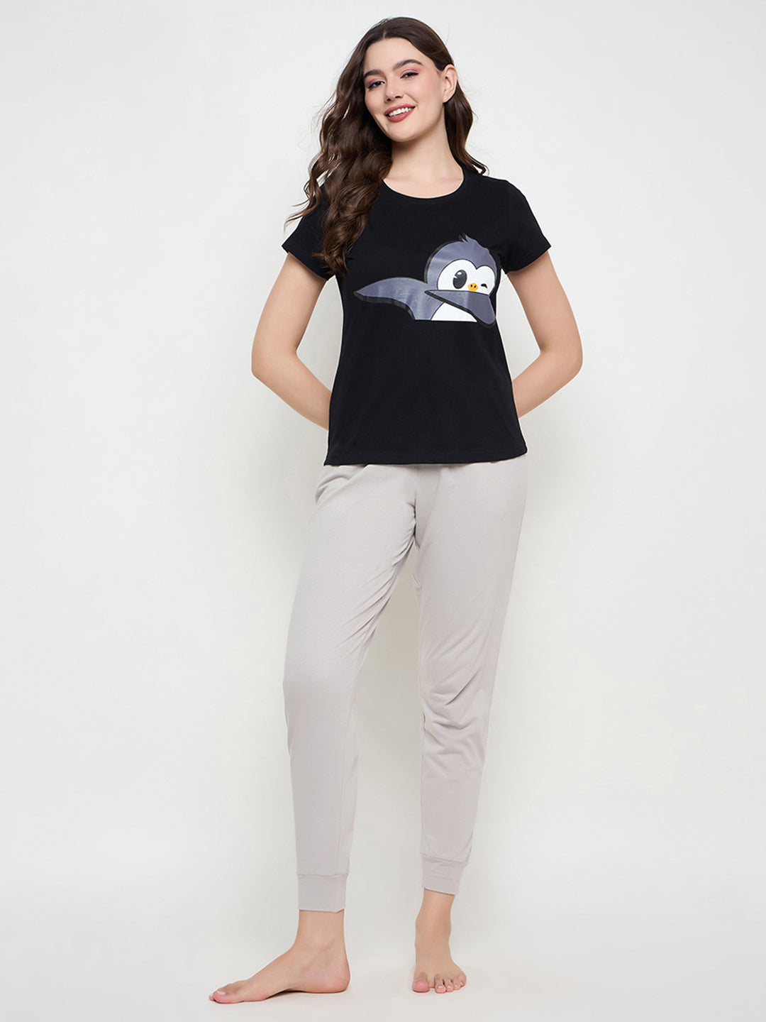 Women's Black Cotton Printed Half Sleeves Night Suit