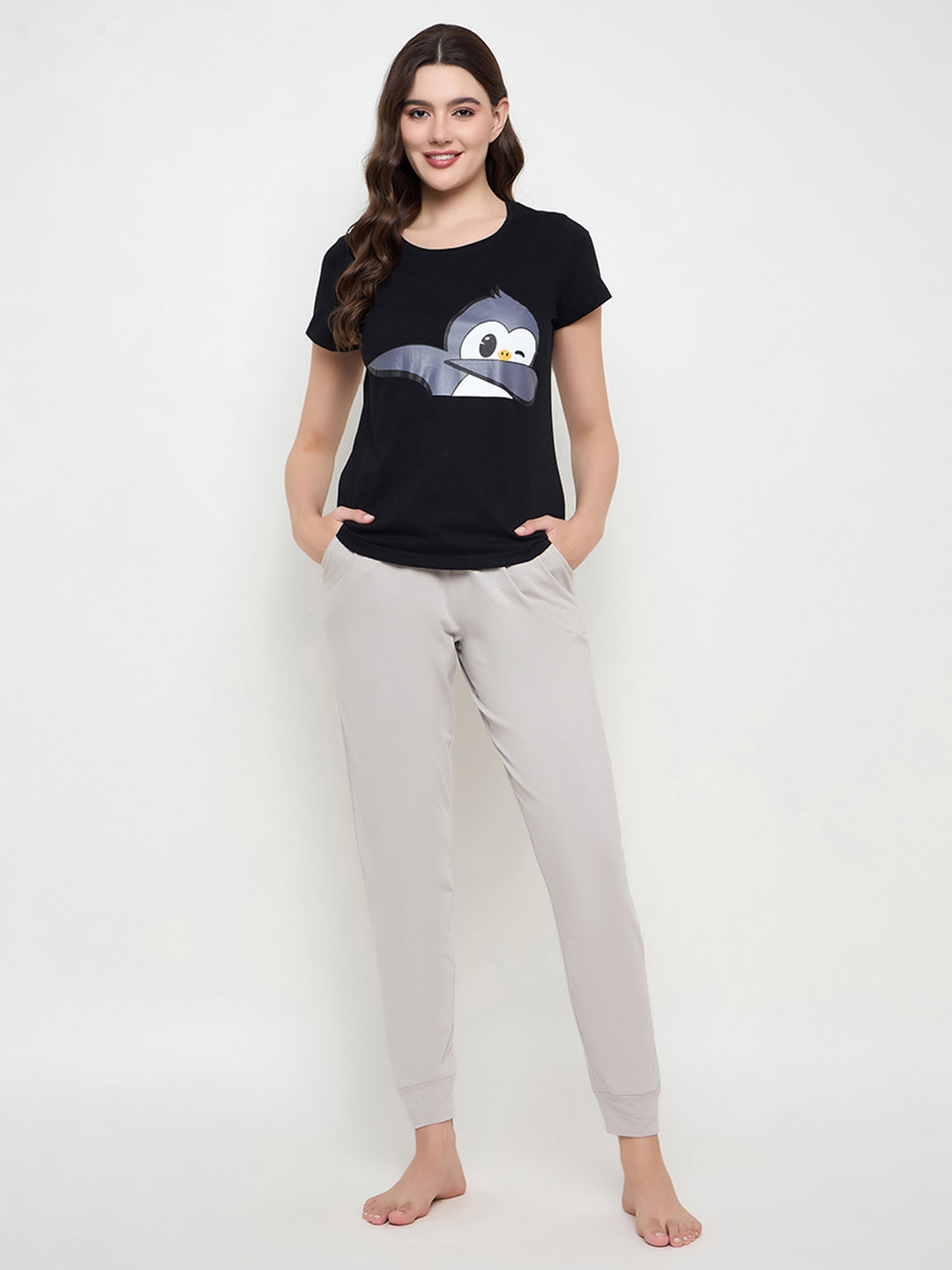 Women's Black Cotton Printed Half Sleeves Night Suit