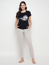 Women's Black Cotton Printed Half Sleeves Night Suit