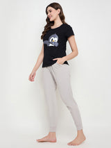 Women's Black Cotton Printed Half Sleeves Night Suit