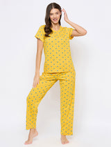 Women's Yellow Cotton Printed Half Sleeves Night Suit